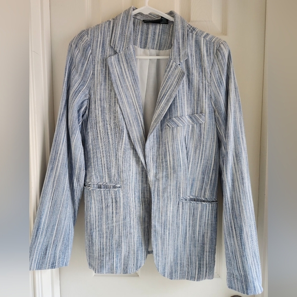 Cynthia Rowley Blue Striped Linen Blend Open Front Blazer Jacket Size Medium - Picture 1 of 11